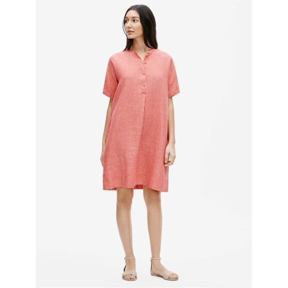 Eileen Fisher Organic Linen Shift Dress Coral Pink Mandarin Collar Small S/P
